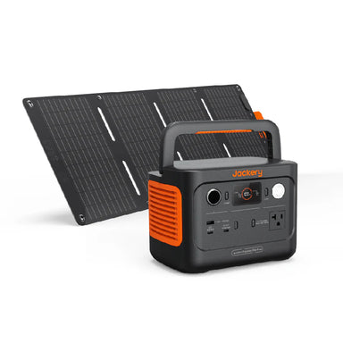 Image of a Jackery portable power station paired with a foldable solar panel, black and gray unit with orange accents, angled front and side view on white background.