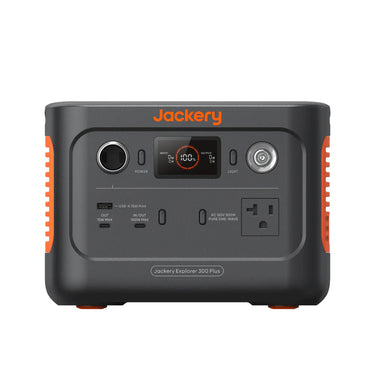 Image of a Jackery Explorer 300 Plus portable power station, compact black and gray body with orange accents and front control panel, straight-on front view on white background.
