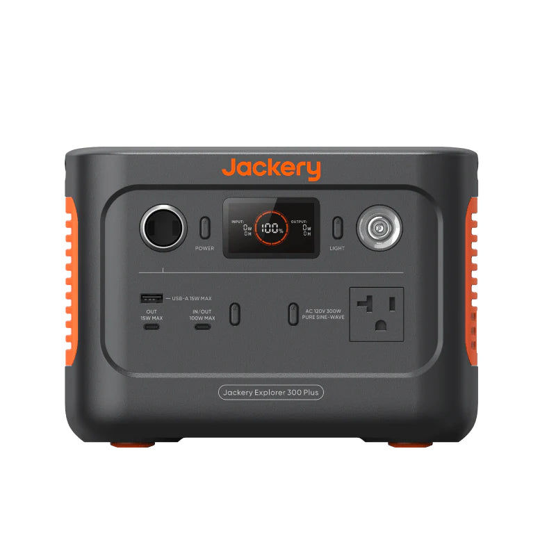 Image of a Jackery Explorer 300 Plus portable power station, compact black and gray body with orange accents and front control panel, straight-on front view on white background.