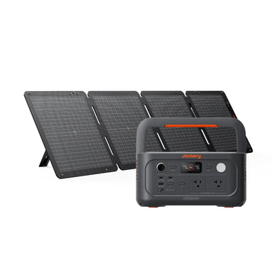 Image of a Jackery portable power station paired with multiple foldable solar panels, black and gray units with orange accents, angled front and side view on white background.