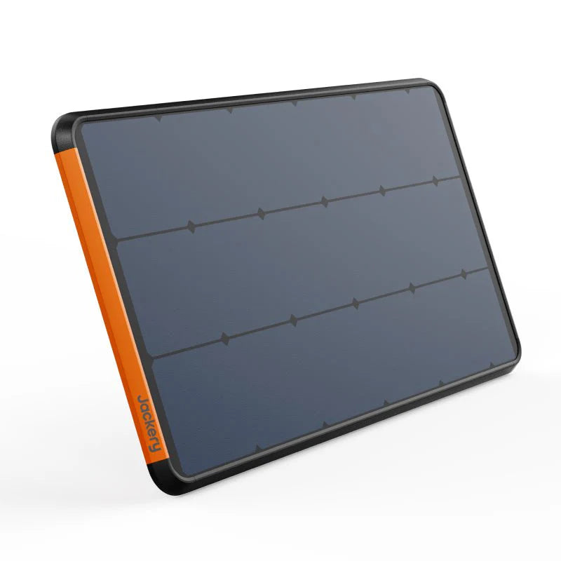 Image of Jackery SolarSaga 100 Prime portable solar panel with slim black frame and orange side accent, rigid rectangular panel surface, angled front and side view on white background.