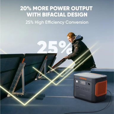 Image of Jackery SolarSaga 100 Prime bifacial solar panels set up outdoors with a Jackery portable power station, black panels on adjustable stands showing efficiency graphics, angled side view in outdoor setting.