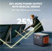 Image of Jackery SolarSaga 100 Prime bifacial solar panels set up outdoors with a Jackery portable power station, black panels on adjustable stands showing efficiency graphics, angled side view in outdoor setting.