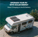 Image of Jackery SolarSaga 100 Prime solar panels installed on an RV roof for direct battery charging, black panels mounted on a white motorhome, angled top and side view in outdoor setting near water.