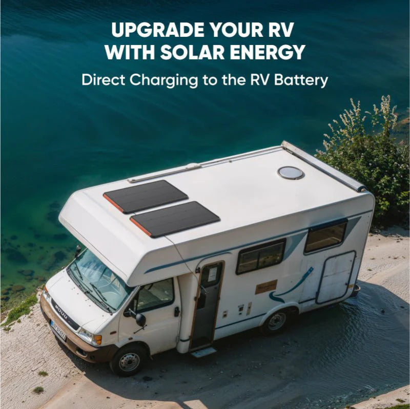 Image of Jackery SolarSaga 100 Prime solar panels installed on an RV roof for direct battery charging, black panels mounted on a white motorhome, angled top and side view in outdoor setting near water.