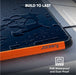 Image of Jackery SolarSaga 100 Prime solar panel close-up showing water droplets on black surface with orange trim, highlighting IP68 waterproof and dustproof build, angled detail view on outdoor surface.