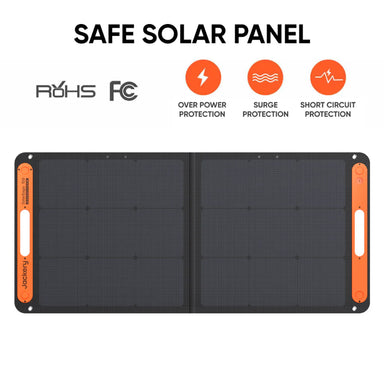 Image of Jackery SolarSaga 100W portable solar panel fully unfolded, black foldable panel with orange side handles and safety feature icons displayed, straight-on front view on white background.
