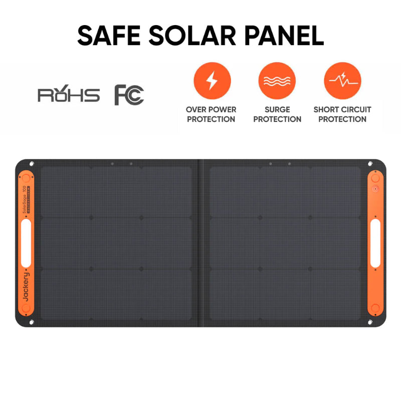 Image of Jackery SolarSaga 100W portable solar panel fully unfolded, black foldable panel with orange side handles and safety feature icons displayed, straight-on front view on white background.
