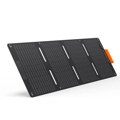 Image of Jackery SolarSaga 40W Mini portable solar panel with black foldable design and integrated mounting holes, slim rectangular panel surface, angled front and side view on white background.