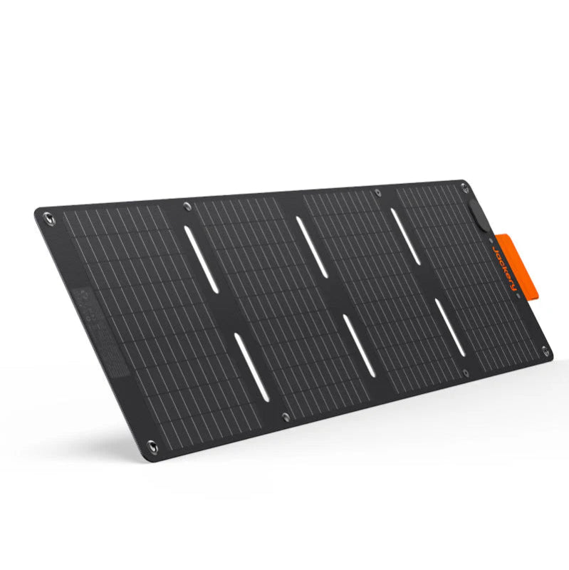 Image of Jackery SolarSaga 40W Mini portable solar panel with black foldable design and integrated mounting holes, slim rectangular panel surface, angled front and side view on white background.