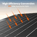 Image of Jackery SolarSaga 40W Mini solar panel surface highlighting high-efficiency cells with directional arrows and 23% conversion rate graphic, close-up angled view on light sky background.