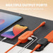 Image of Jackery SolarSaga 40W Mini solar panel output hub with multiple charging ports powering a smartphone and tablet, black panel surface with orange connectors, angled top view on neutral background.