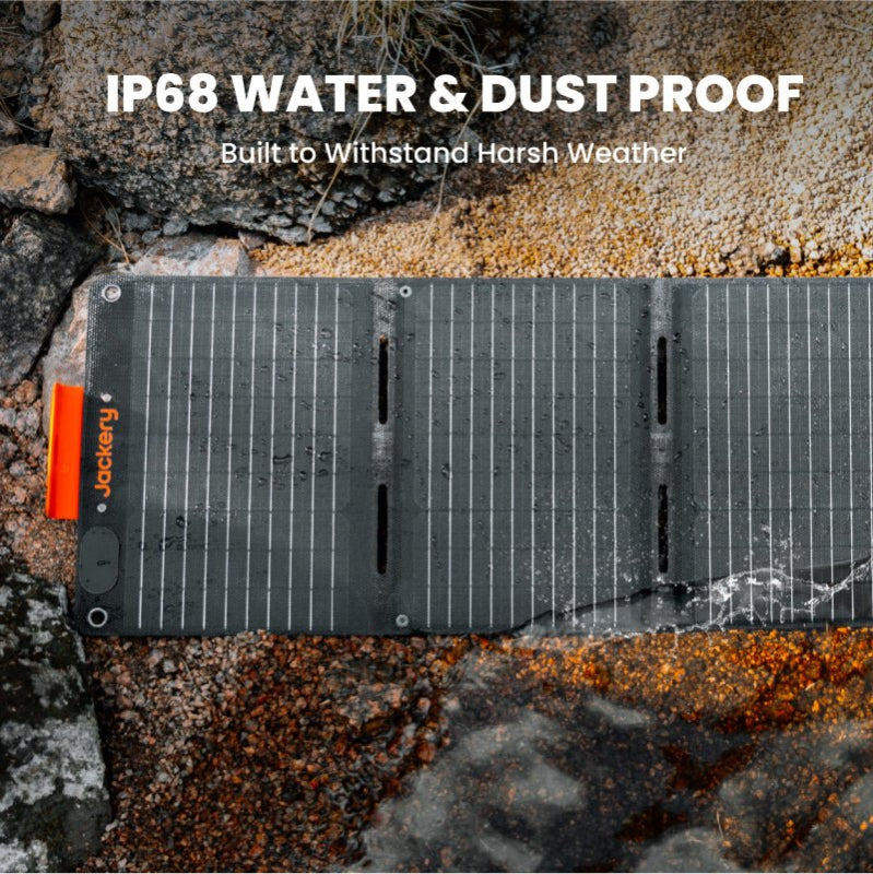 Image of Jackery SolarSaga 40W Mini portable solar panel laid flat on rocky ground, black foldable panel with water droplets highlighting IP68 water and dust resistance, top-down angled view in outdoor setting.