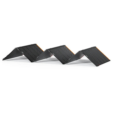 Image of a Jackery foldable portable solar panel partially unfolded in a zigzag configuration, black photovoltaic panels with orange trim, angled side view on white background.