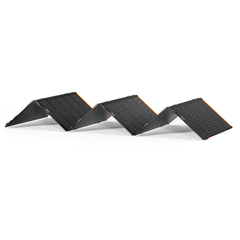 Image of a Jackery foldable portable solar panel partially unfolded in a zigzag configuration, black photovoltaic panels with orange trim, angled side view on white background.