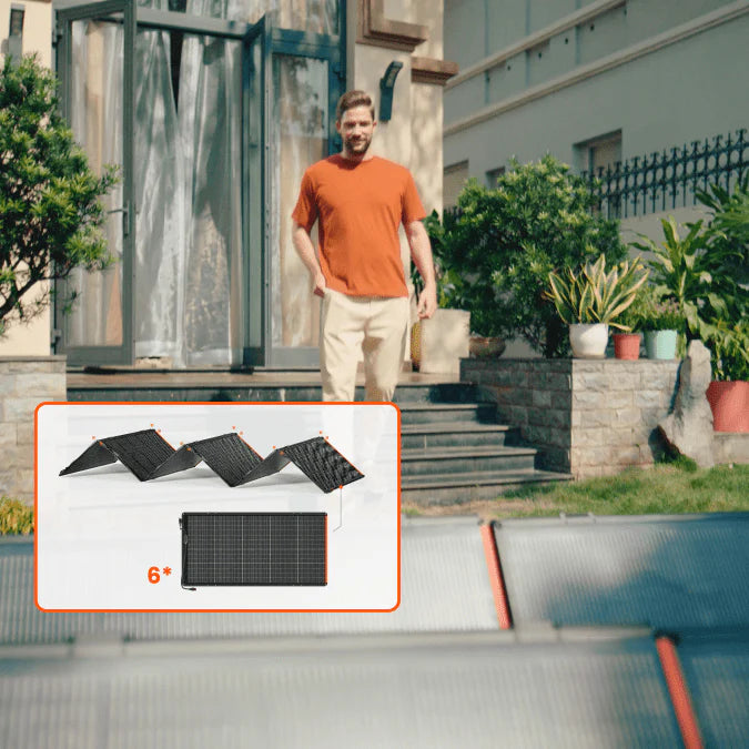 Image of a Jackery foldable portable solar panel system set up outdoors in front of a house, black photovoltaic panels with orange trim, front view with product layout inset showing folded and unfolded configurations.