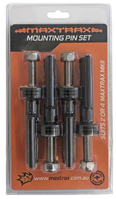 Image of MAXTRAX MKII 40mm mounting pin set with four threaded pins and hardware in retail blister packaging, front view on white background.