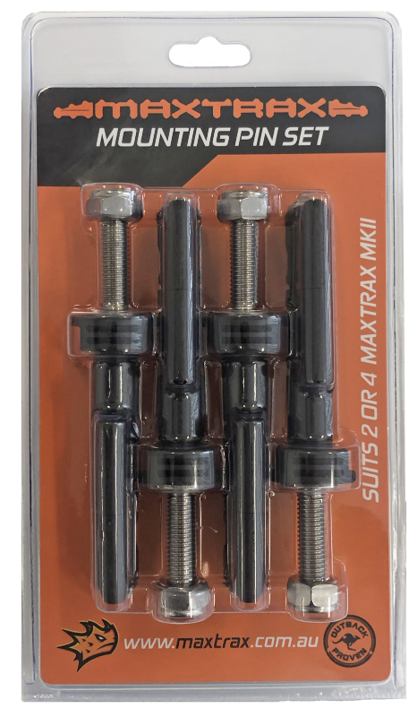Image of MAXTRAX MKII 40mm mounting pin set with four threaded pins and hardware in retail blister packaging, front view on white background.