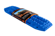 Image of a blue Maxtrax recovery board, wrapped with its product packaging displaying branding and an off-road vehicle, angled on a light gray background.