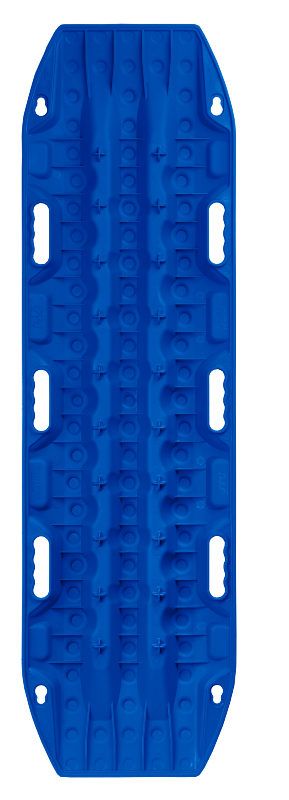 Top-down image of a single blue recovery traction board, showcasing its textured surface and integrated handholds, on a light gray background.