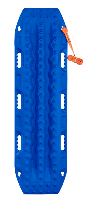 Top-down image of a single blue Maxtrax recovery board, featuring its textured surface, handholds, and an attached orange leash, on a light gray background.