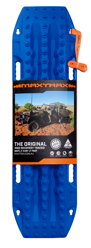Top-down image of a blue Maxtrax recovery board, with its product packaging featuring an off-road vehicle and brand details, and an orange leash visible, on a light gray background.