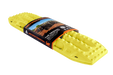 Image of blaze yellow Maxtrax recovery board, wrapped with its product packaging displaying branding and an off-road vehicle, angled on a light gray background.