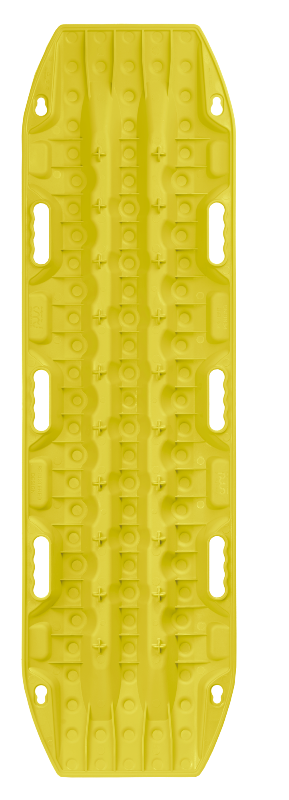 Top-down image of a single desert blaze yellow recovery traction board, showcasing its textured surface and integrated handholds, on a light gray background.