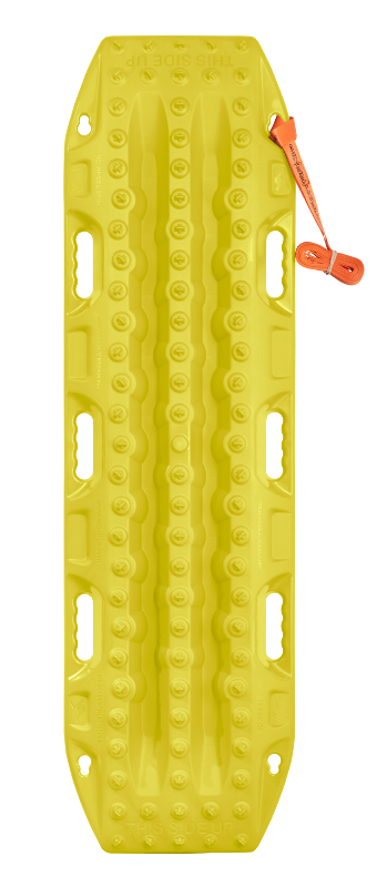 Top-down image of a single blaze yellow Maxtrax recovery board, featuring its textured surface, handholds, and an attached orange leash, on a light gray background.