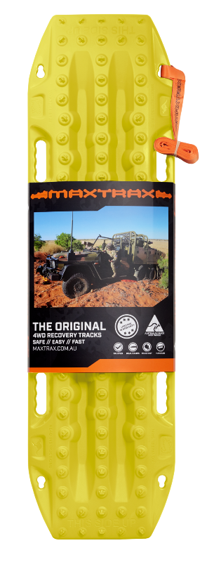 Top-down image of blaze yellow Maxtrax recovery board, with its product packaging featuring an off-road vehicle and brand details, and an orange leash visible, on a light gray background.