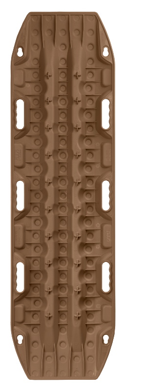 Image of a tan off-road vehicle recovery traction board with a prominent grip pattern and handholds, presented flat on a light grey background.