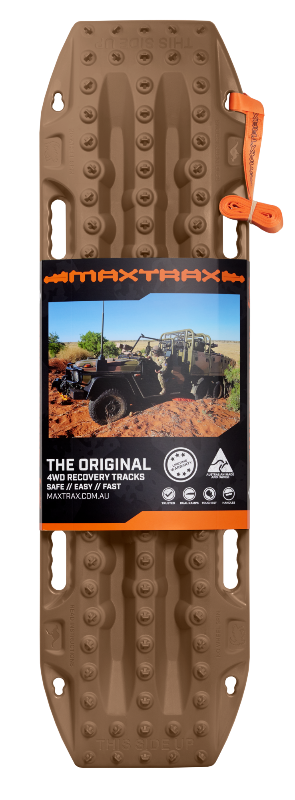 Image of a tan MAXTRAX off-road recovery board with its branded packaging and an orange leash, displayed flat against a light grey background.