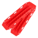 Image of red off-road recovery traction boards with raised cleats and built-in handles, stacked in an angled front and side view on black background.