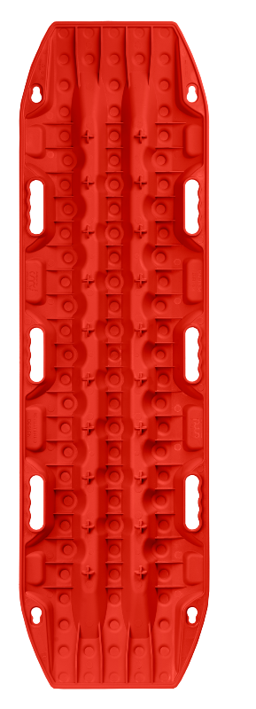 Image of red MAXTRAX MKII recovery traction board with raised cleats and integrated carry handles, top-down view on white background.