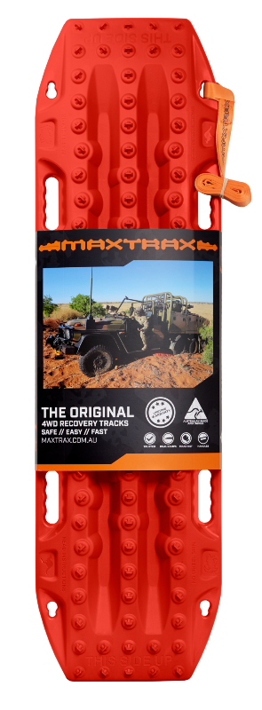 Image of red MAXTRAX MKII 4WD recovery traction board with retail sleeve packaging and orange leash strap, top-down front view on white background.