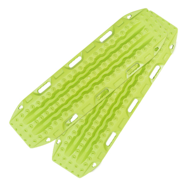 Image of two lime green recovery traction boards, side-by-side with textured surfaces and handholds, on a light gray background.