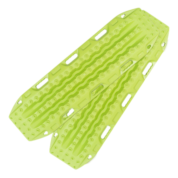 Image of two lime green recovery traction boards, side-by-side with textured surfaces and handholds, on a light gray background.