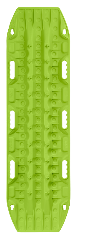 Top-down image of a single lime green recovery traction board, showcasing its textured surface and integrated handholds, on a light gray background.