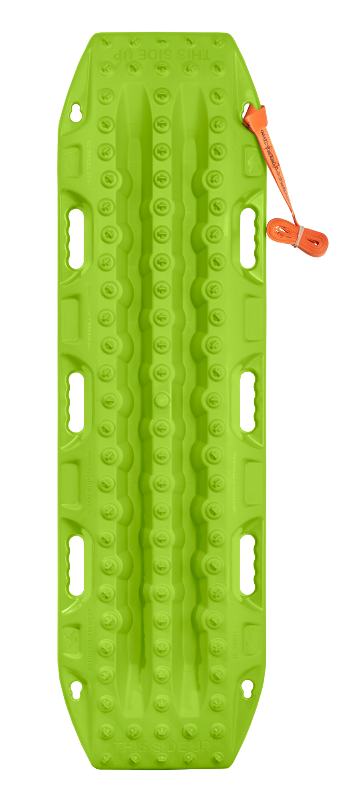 Top-down image of a single lime green Maxtrax recovery board, featuring its textured surface, handholds, and an attached orange leash, on a light gray background.