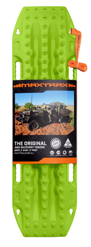 Top-down image of a lime green Maxtrax recovery board, with its product packaging featuring an off-road vehicle and brand details, and an orange leash visible, on a light gray background.