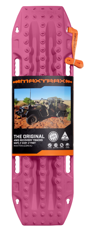 Image of pink MAXTRAX MKII 4WD recovery traction board with retail sleeve packaging and orange leash strap, top-down front view on white background.