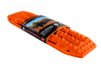 Image of an orange Maxtrax recovery board, wrapped with its product packaging displaying branding and an off-road vehicle, angled on a light gray background.