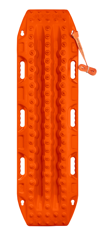 Top-down image of a single orange Maxtrax recovery board, featuring its textured surface, handholds, and an attached orange leash, on a light gray background.