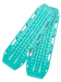 Image of teal off-road recovery traction boards with raised cleats and built-in handles, stacked in an angled front and side view on black background.
