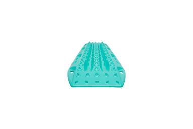 Image of teal MAXTRAX MKII recovery traction board with raised cleats, low front profile view on black background.