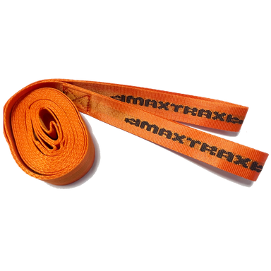 Image of MAXTRAX bright orange recovery leash strap with printed branding, rolled and extended view on white background.