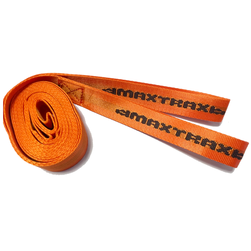 Image of MAXTRAX bright orange recovery leash strap with printed branding, rolled and extended view on white background.