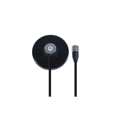 Image of Midland magnetic antenna mount with round black base and attached coaxial cable with metal connector, top view on white background.