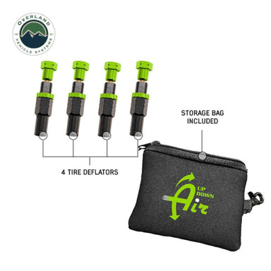 Image of four Up Down Air tire deflators with green caps and black bodies, labeled "4 TIRE DEFLATORS", alongside a black zippered storage bag with the "Up Down Air" logo, labeled "STORAGE BAG INCLUDED", all on a white background with the "Overland Vehicle Systems" logo.