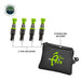 Image of four Up Down Air tire deflators with green caps and black bodies, labeled "4 TIRE DEFLATORS", alongside a black zippered storage bag with the "Up Down Air" logo, labeled "STORAGE BAG INCLUDED", all on a white background with the "Overland Vehicle Systems" logo.